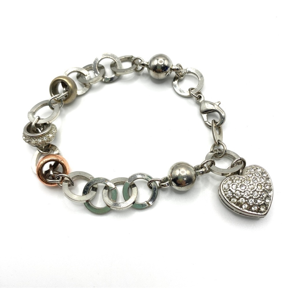 Silver Tone Link Heart Rhinestone Bracelet